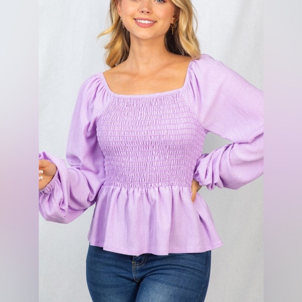 𝅺White Birch Long Bubble Sleeve Smocked Bodice Peplum Ruffle Purple Lavender